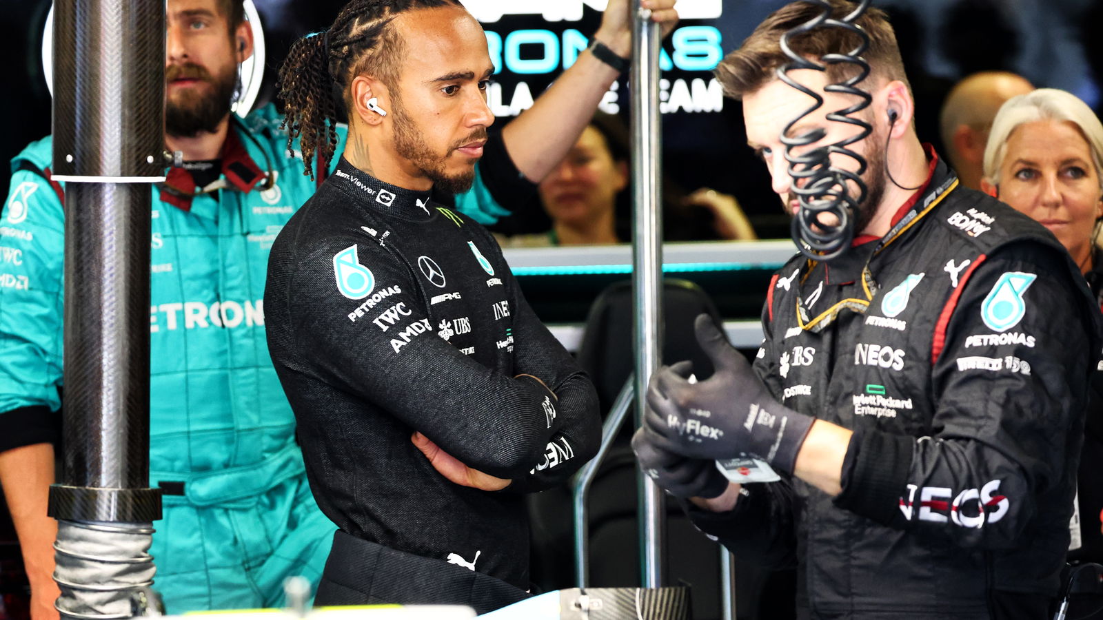 Lewis Hamilton pictured in the Mercedes F1 garage.