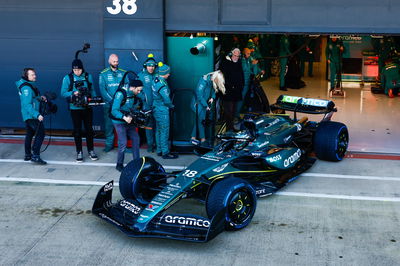 Lance Stroll drives out of the Aston Martin pit garage at Silverstone