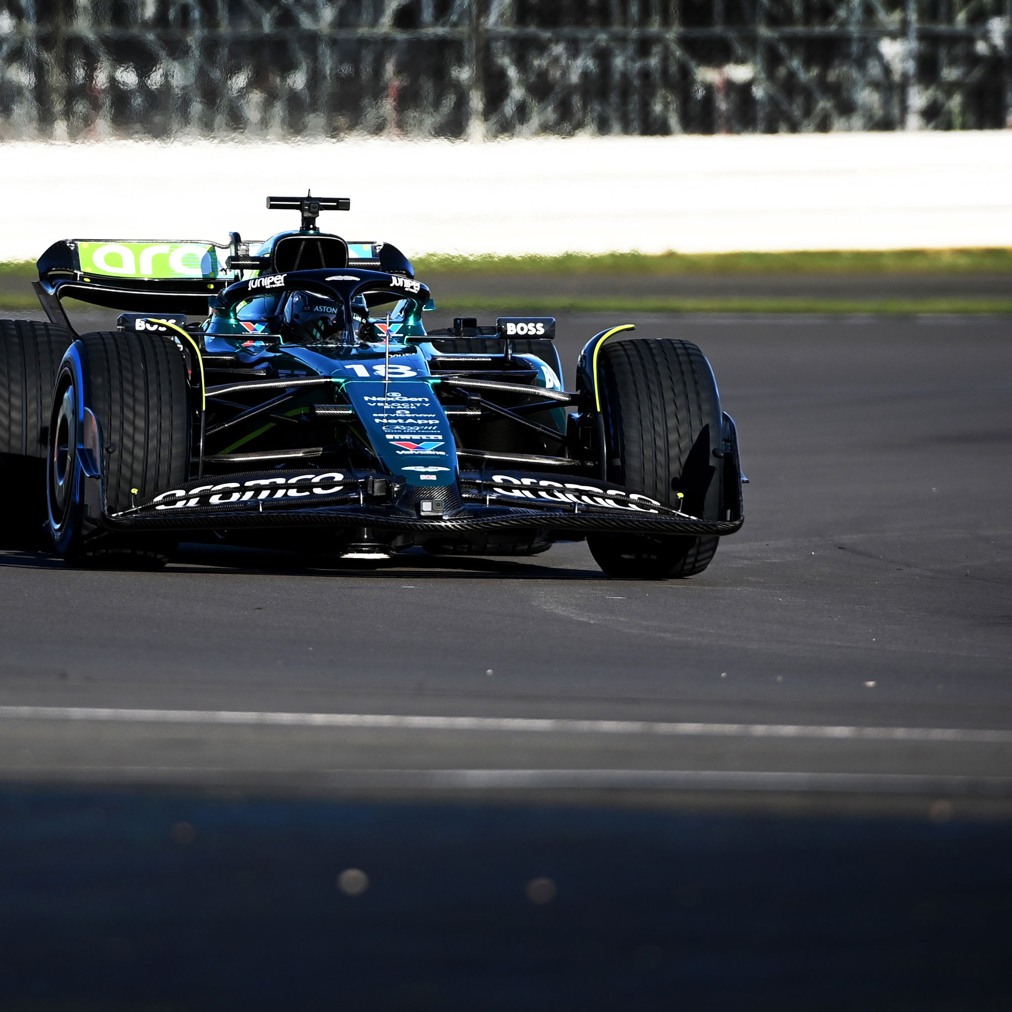 Lance Stroll drives the new Aston Martin AMR24 at Silverstone