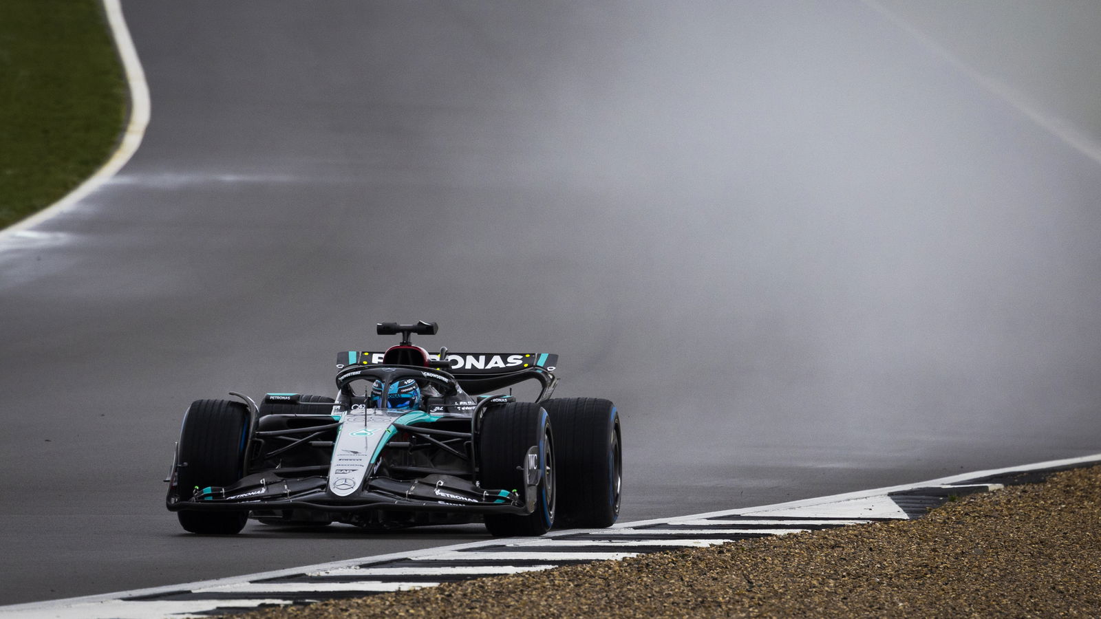George Russell on track at Silverstone in the new Mercedes W15.