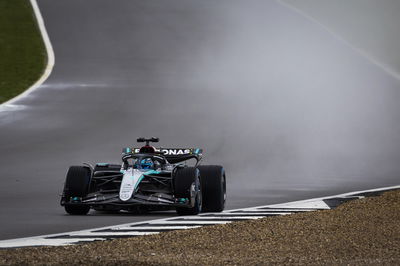 George Russell on track at Silverstone in the new Mercedes W15.