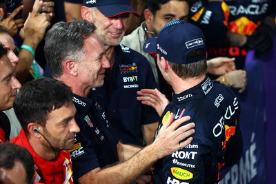 Christian Horner, Adrian Newey and Max Verstappen celebrate 