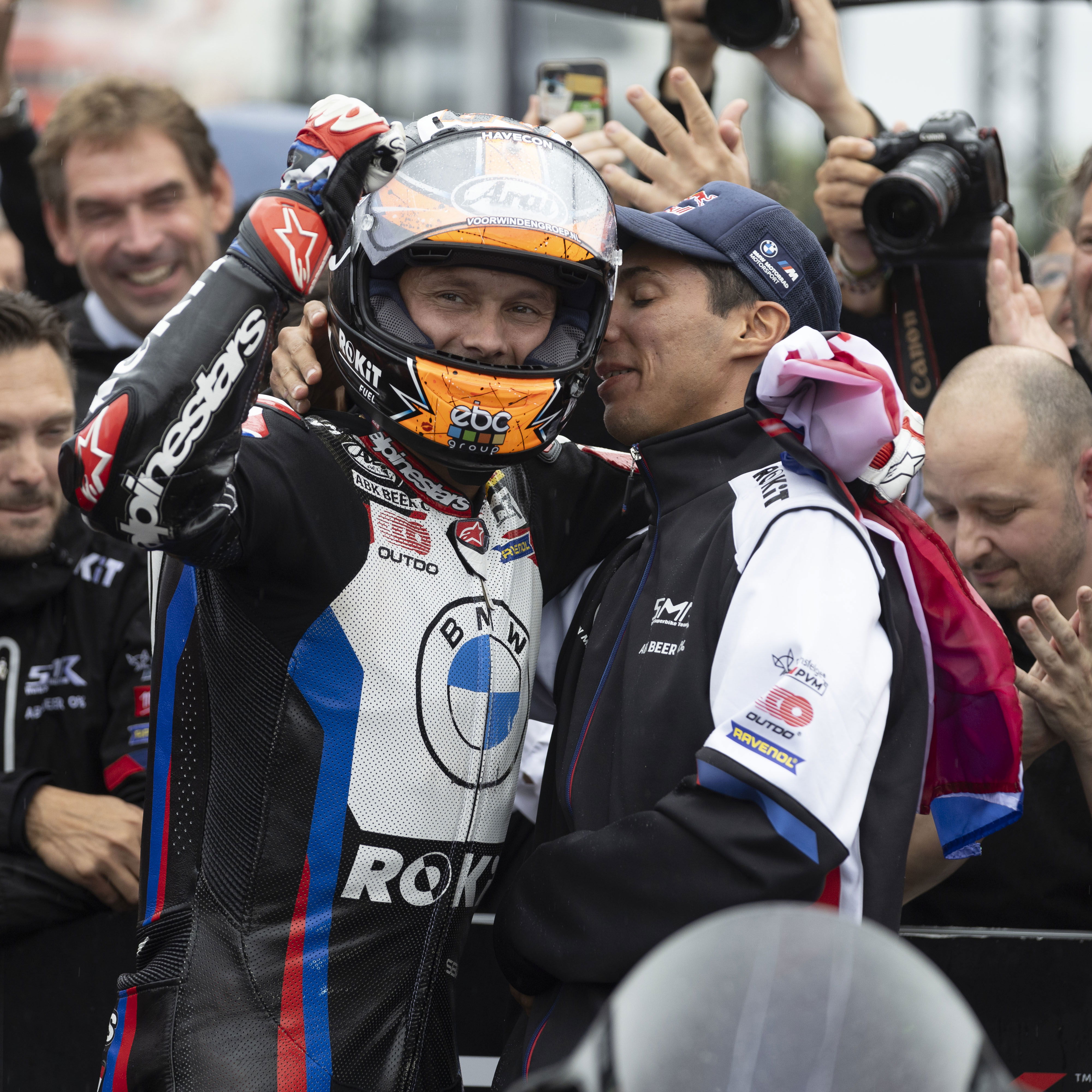 Michael van der Mark, Toprak Razgatlioglu, 2024 French WorldSBK, parc ferme. - Gold and Goose