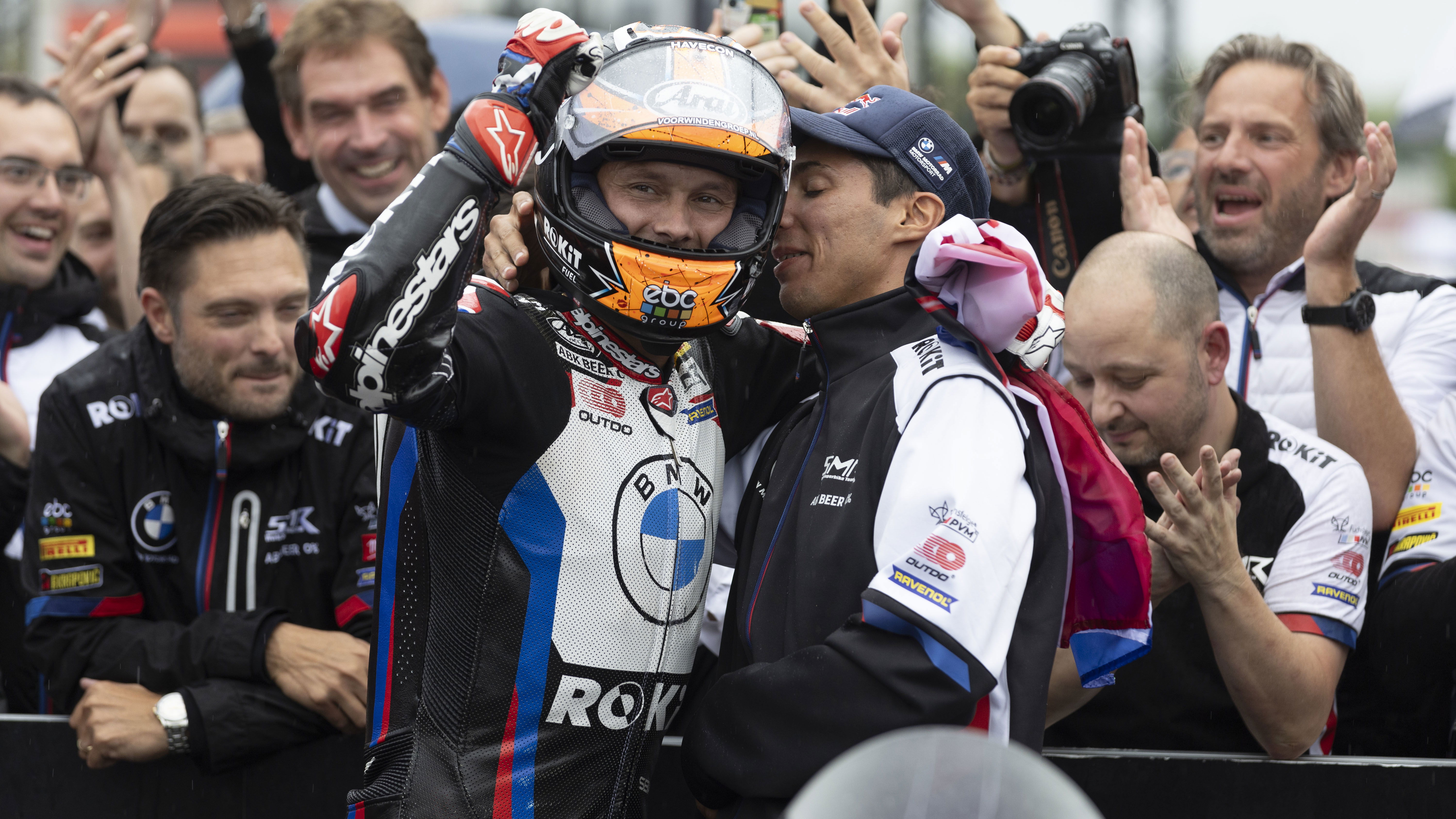 Michael van der Mark, Toprak Razgatlioglu, 2024 French WorldSBK, parc ferme. - Gold and Goose