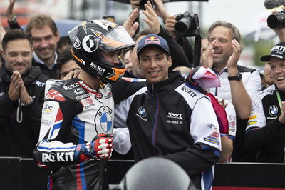 Toprak Razgatlioglu, Micharl van der Mark, 2024 French WorldSBK, parc ferme. Credit: Gold and Goose.