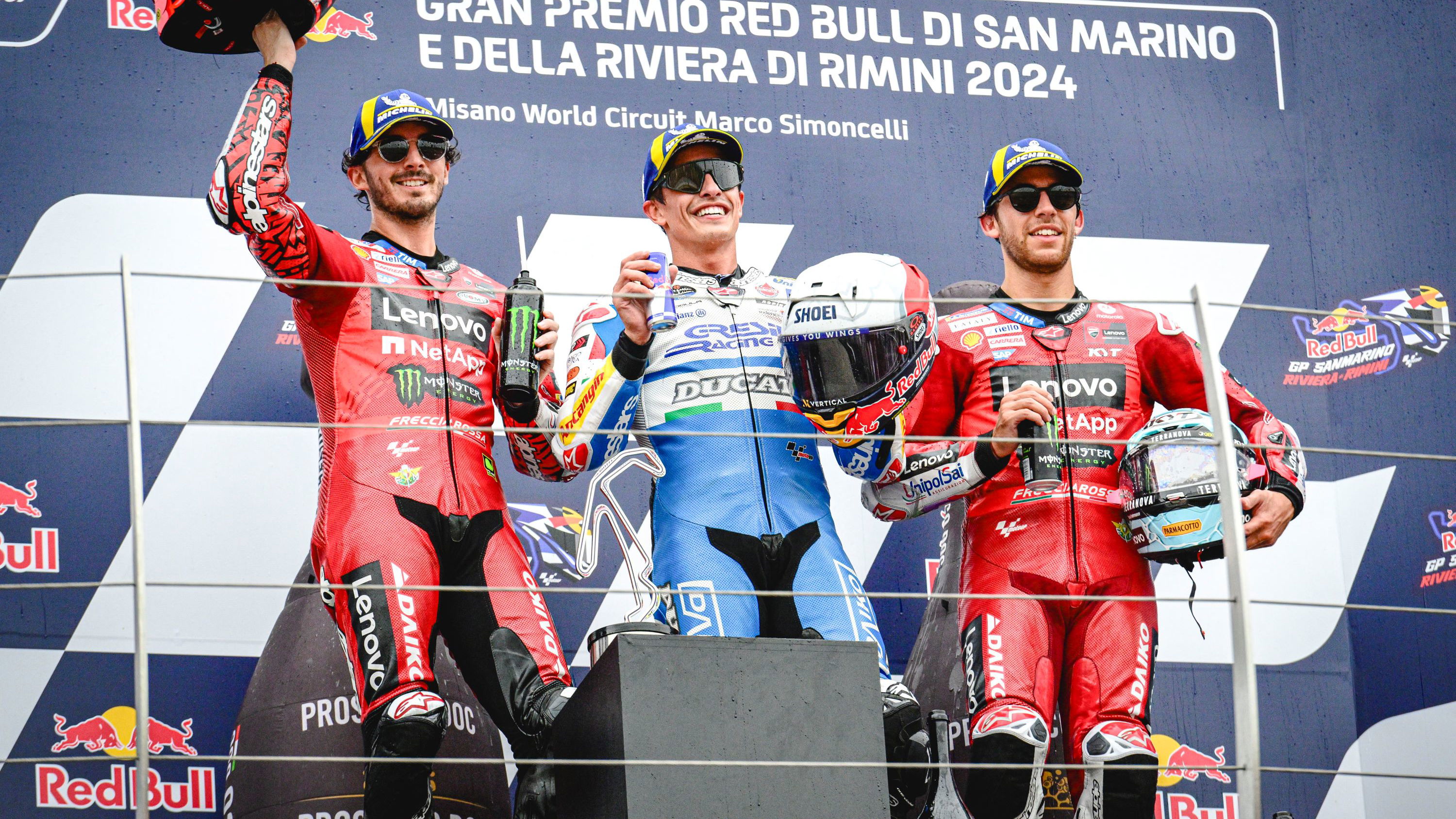 Marc Marquez, Francesco Bagnaia, Enea Bastianini, San Marino podium
