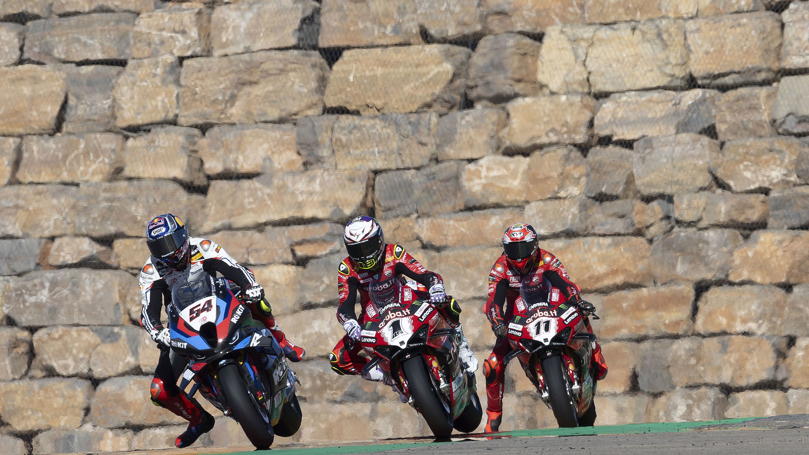 Toprak Razgatlioglu, Alvaro Bautista, Nicolo Bulega, 2024 Aragon WorldSBK. - Gold and Goose.