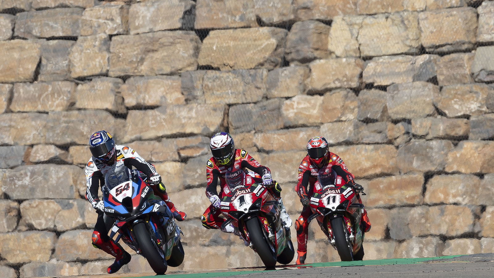 Toprak Razgatlioglu, Alvaro Bautista, Nicolo Bulega, 2024 Aragon WorldSBK. - Gold and Goose.