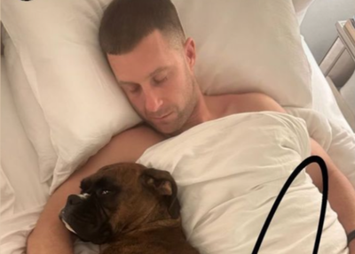 Jonathan Rea lies in bed with his dog after French WorldSBK crash. Credit: Tatia Rea/Instagram.