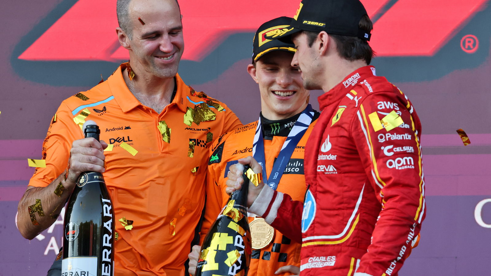 Oscar Piastri, race engineer Tom Stallard and Charles Leclerc