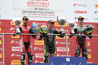 Jack Kennedy, Luke Stapleford, Ben Currie, 2024 Donington Park BSB, Supersport, podium. Credit: Honda Racing UK.