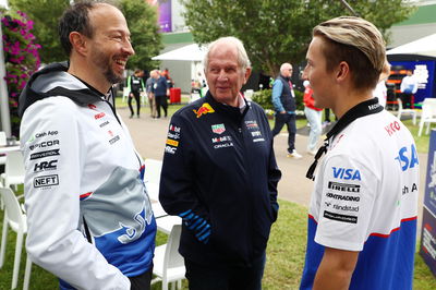 RB CEO Peter Bayer, Helmut Marko and Liam Lawson 