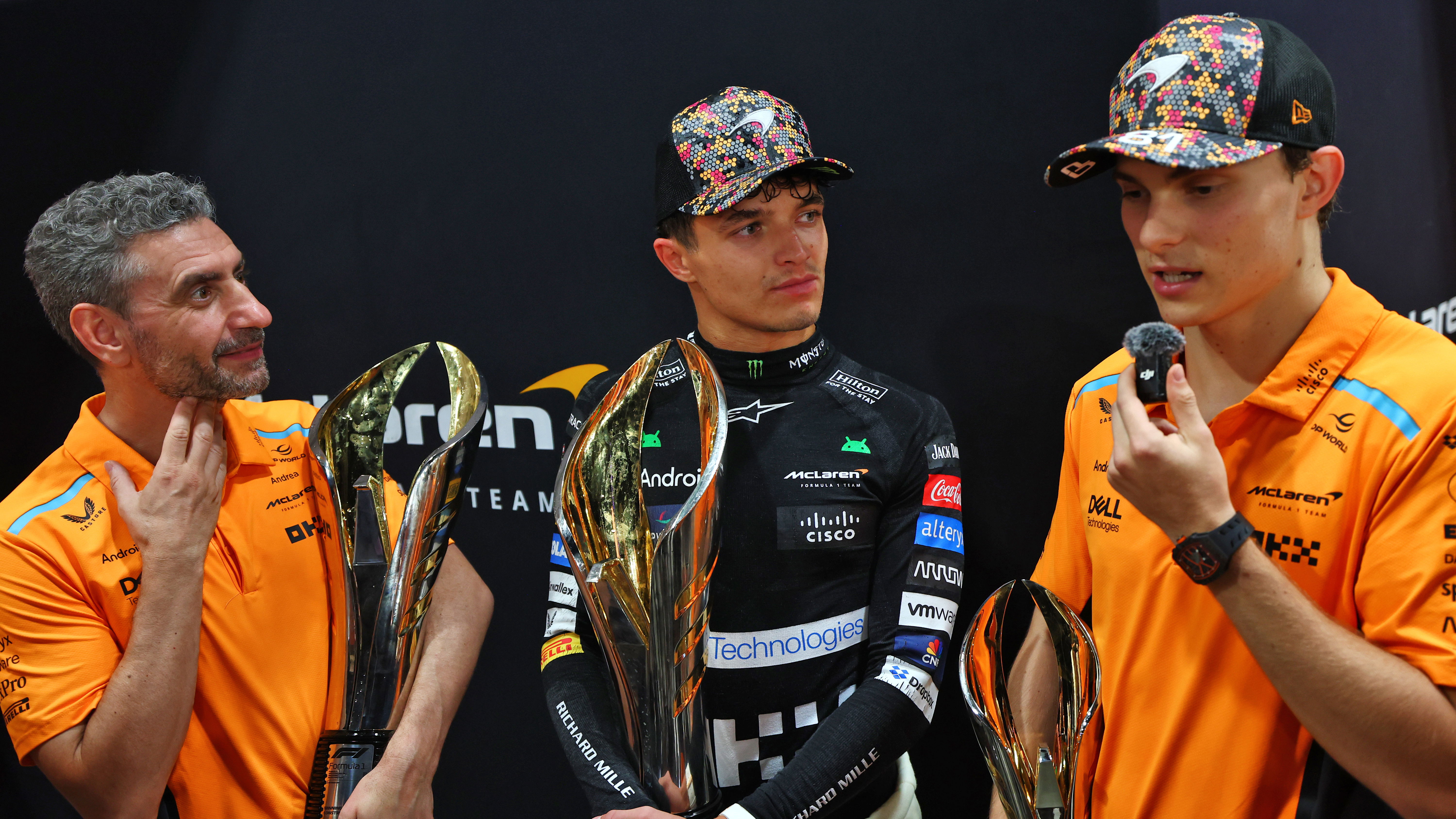Andrea Stella, Lando Norris and Oscar Piastri