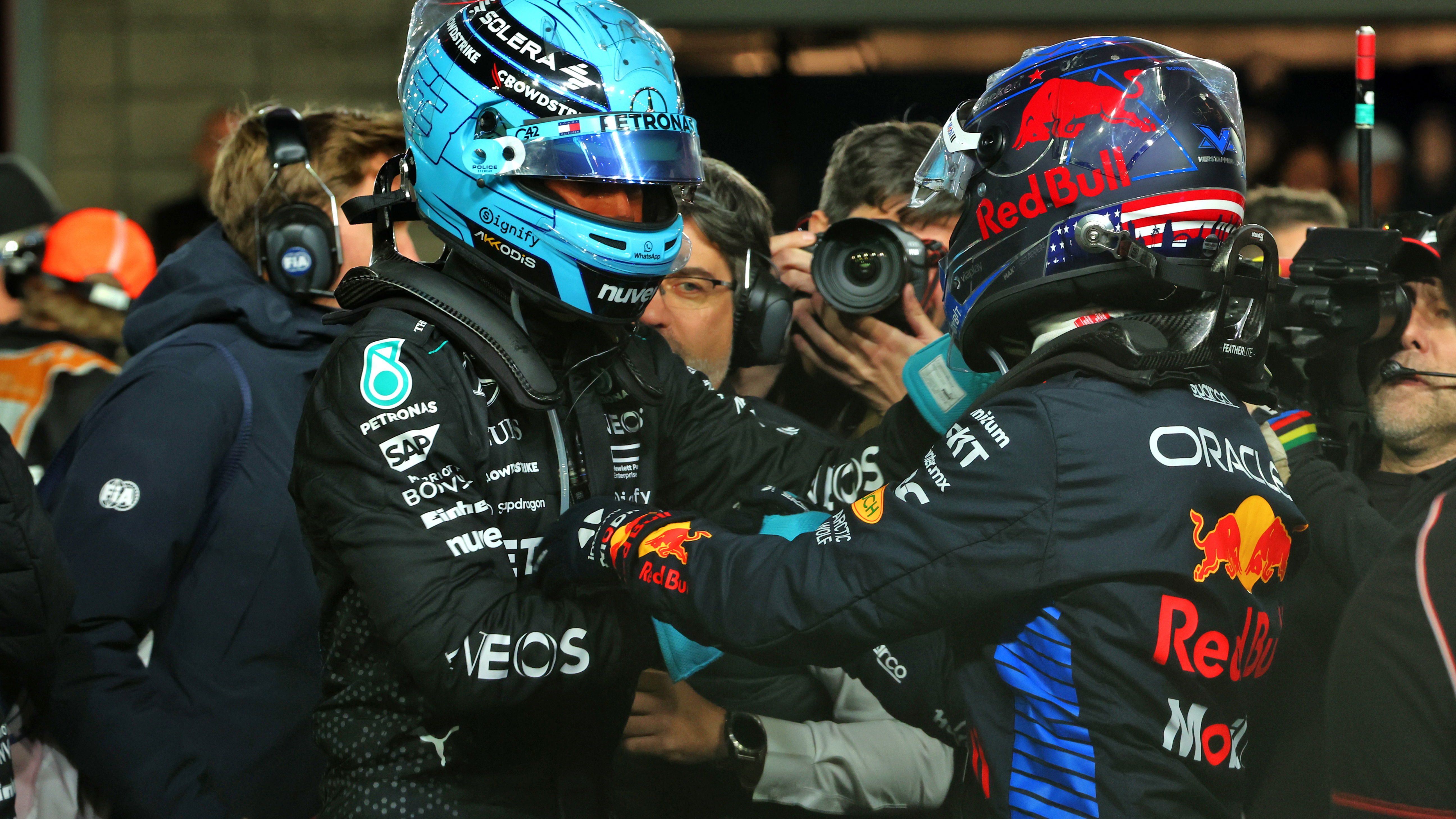 George Russell and Max Verstappen