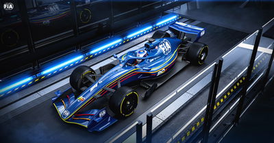 F1 2026 car concept in a wind tunnel render