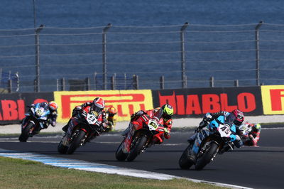 Scott Redding leads Alvaro Bautista, Danilo Petrucci, 2025 Australian WorldSBK. Credit: Gold and Goose.