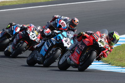 Alvaro Bautista leads Scott Redding, 2025 Australian WorldSBK. Credit: Gold and Goose.