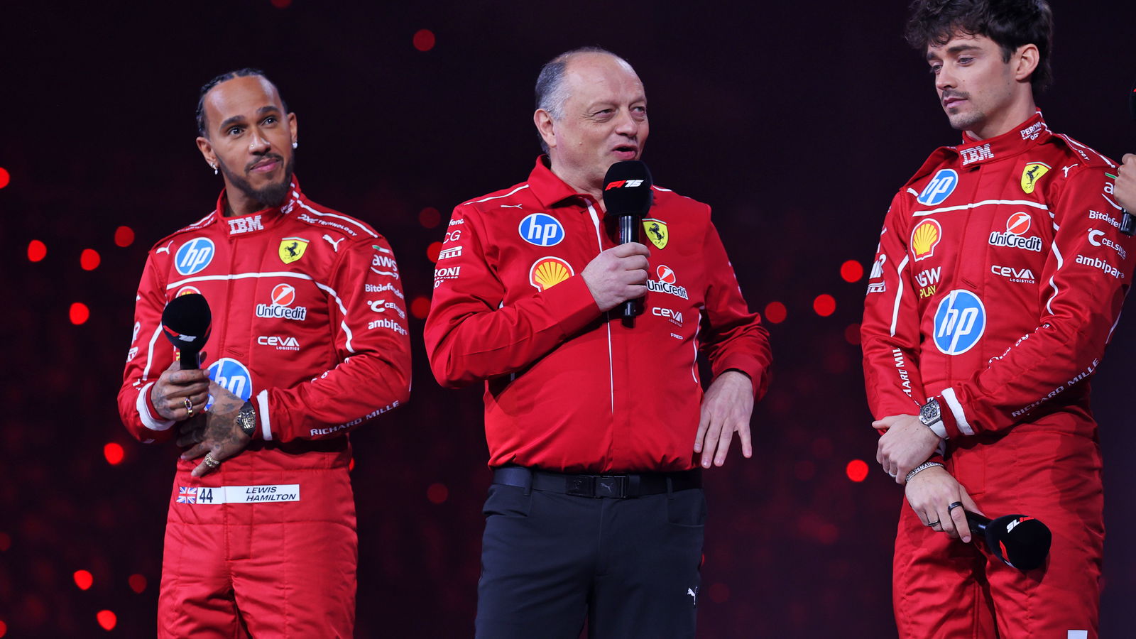 Lewis Hamilton, Fred Vasseur and Charles Leclerc