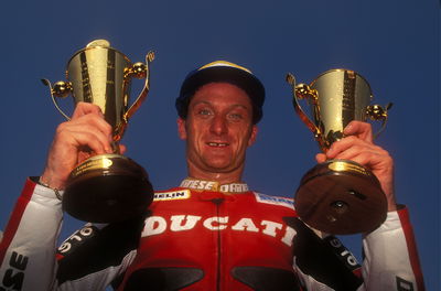 Carl Fogarty after winning both races at the 1995 German World Superbike. Credit: Gold and Goose.