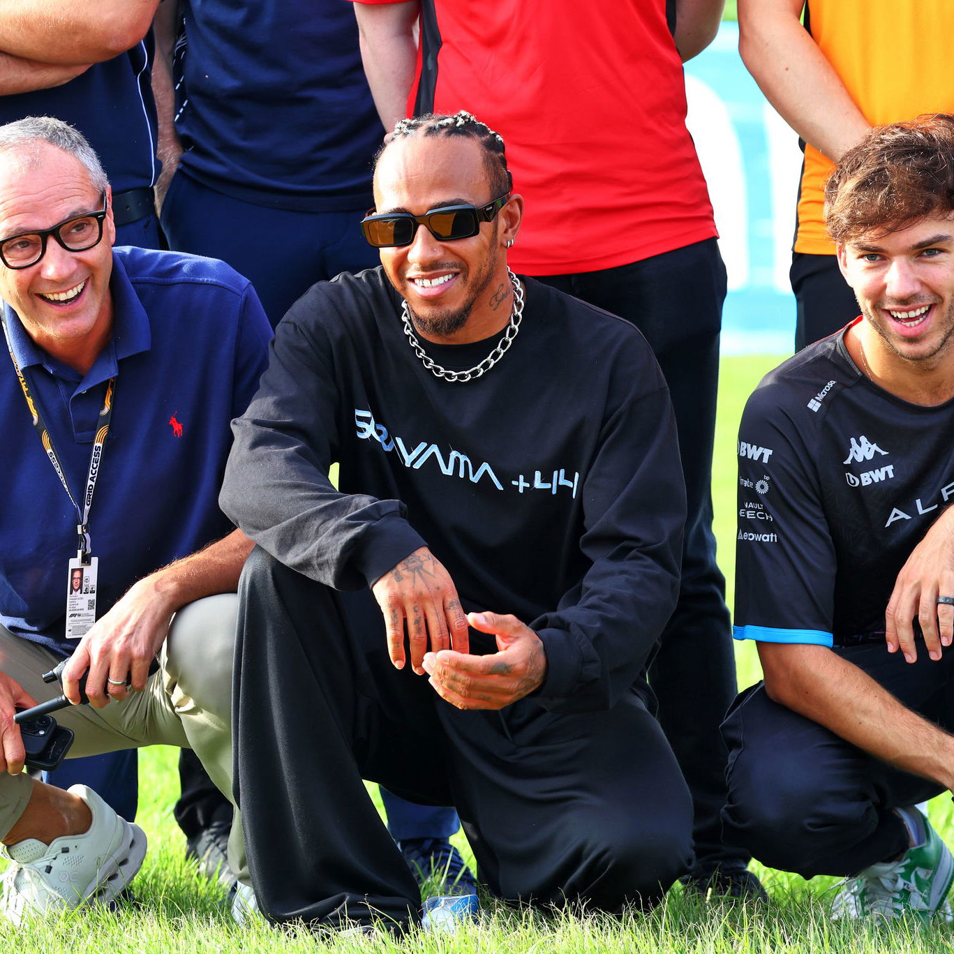 Stefano Domenicali with Lewis Hamilton and Pierre Gasly