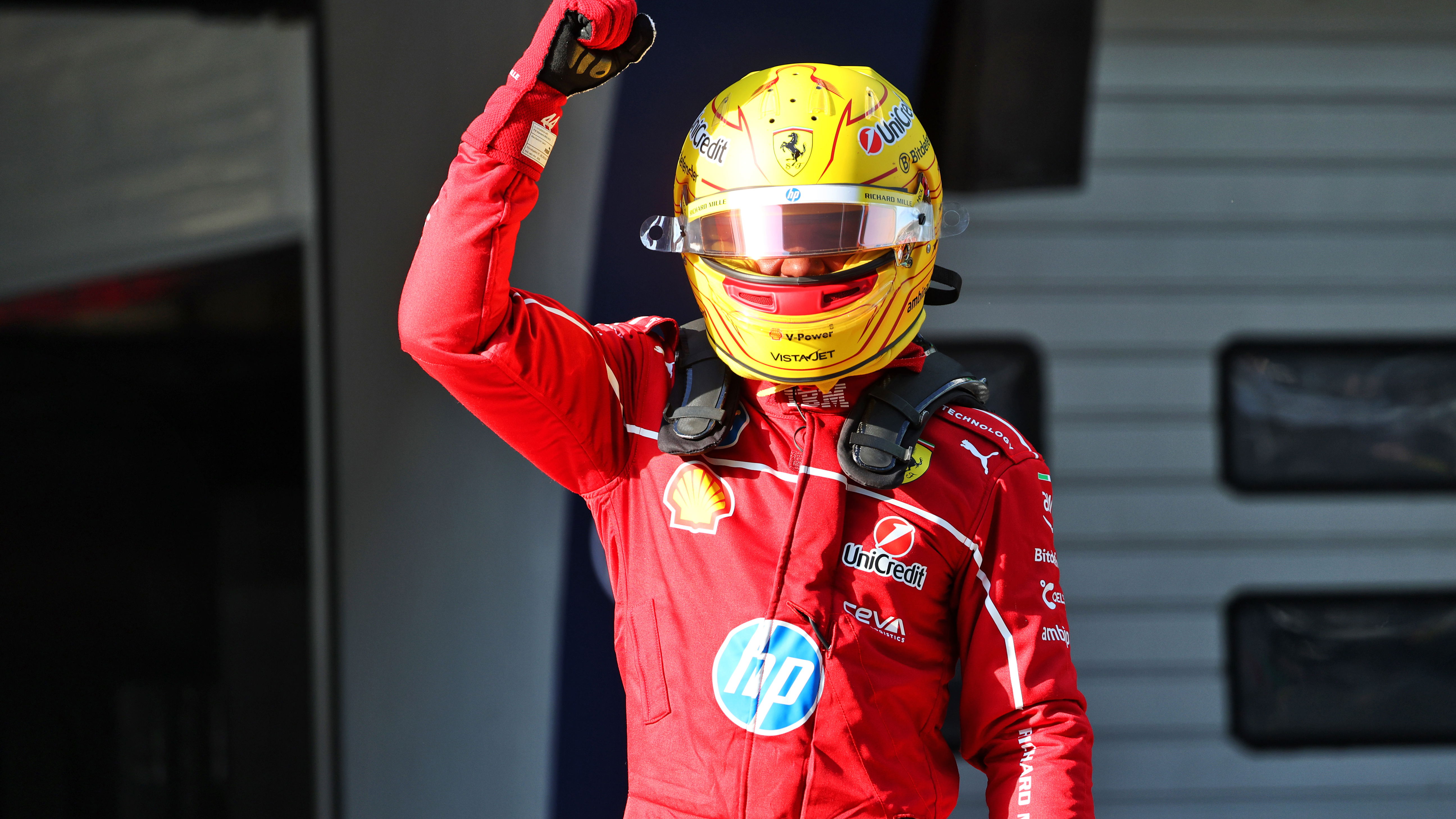 Lewis Hamilton celebrates taking sprint pole in China