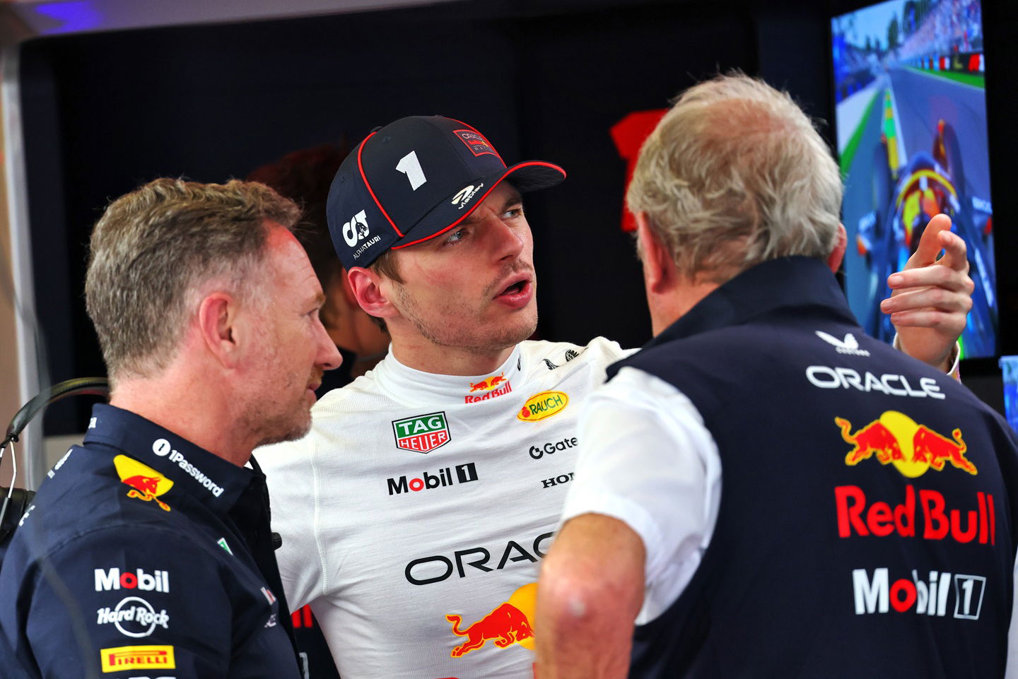 Max Verstappen, Christian Horner and Helmut Marko