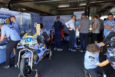 Alex Marquez's 2nd place trophy from the race sits on one of his Gresini Ducatis at the Aragon MotoGP test.