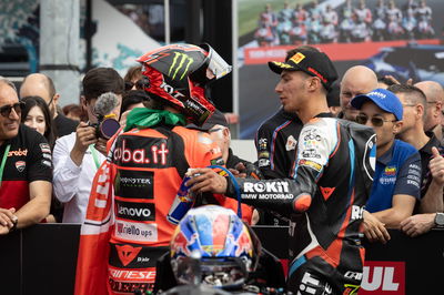Nicolo Bulega, Toprak Razgatlioglu, 2025 Emilia-Romagna WorldSBK, parc ferme. Credit: Gold and Goose.