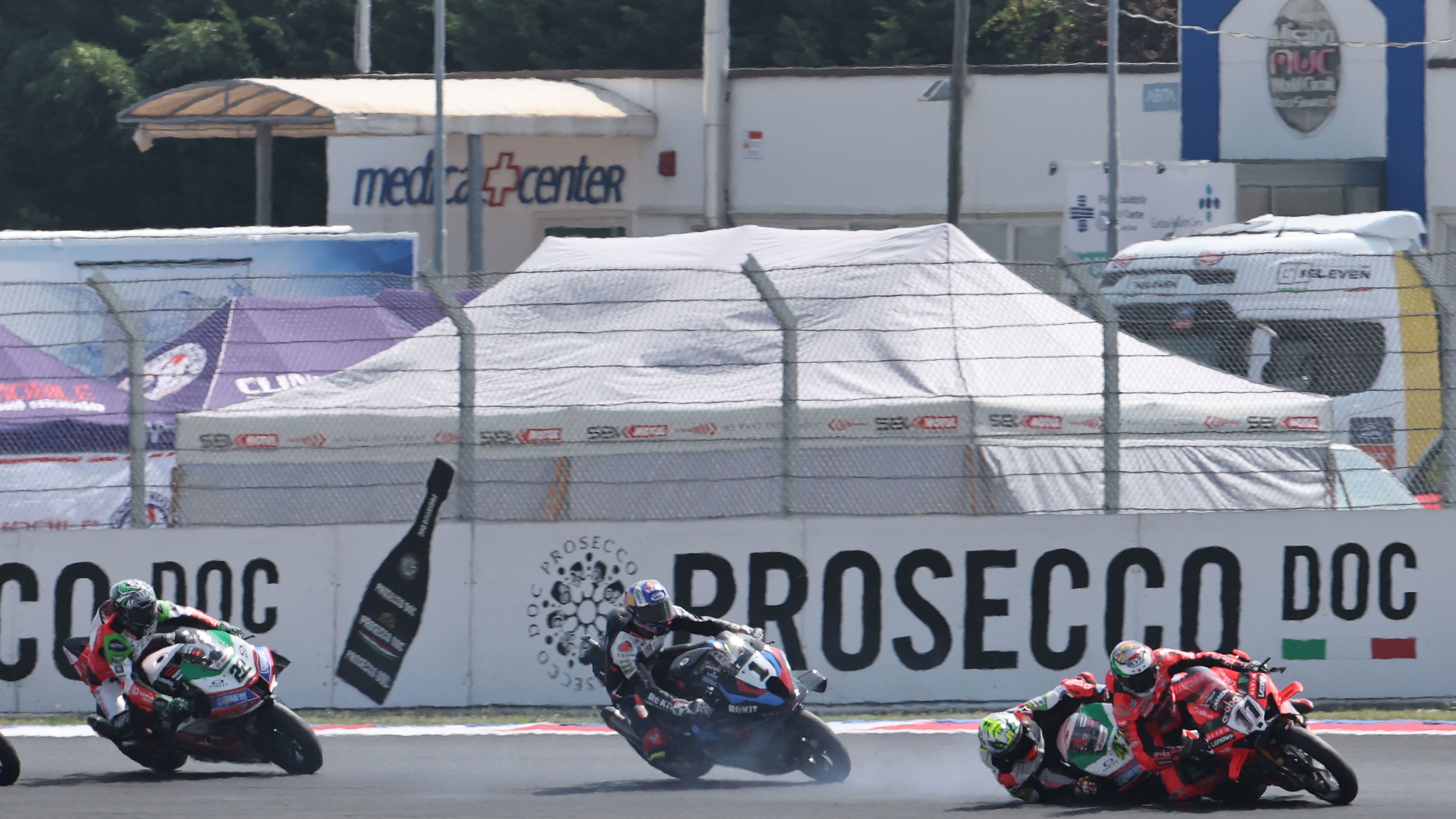 Axel Bassani, Nicolo Bulega crash at 2025 Emilia-Romagna WorldSBK. Credit: Gold and Goose.