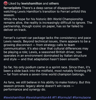 Lewis Hamilton liking the post on Instagram