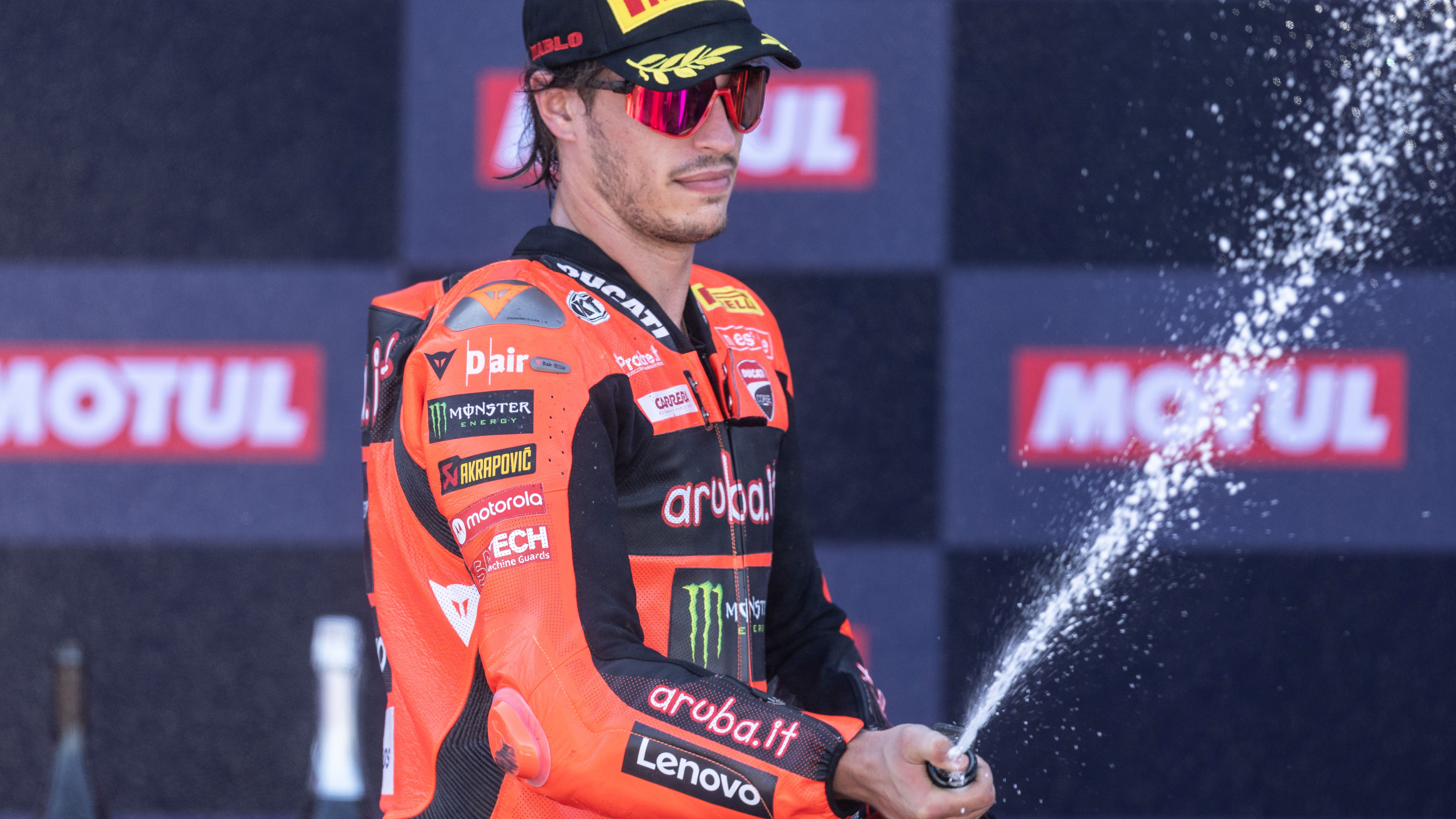 Nicolo Bulega, 2025 UK WorldSBK, podium. Credit: Gold and Goose.
