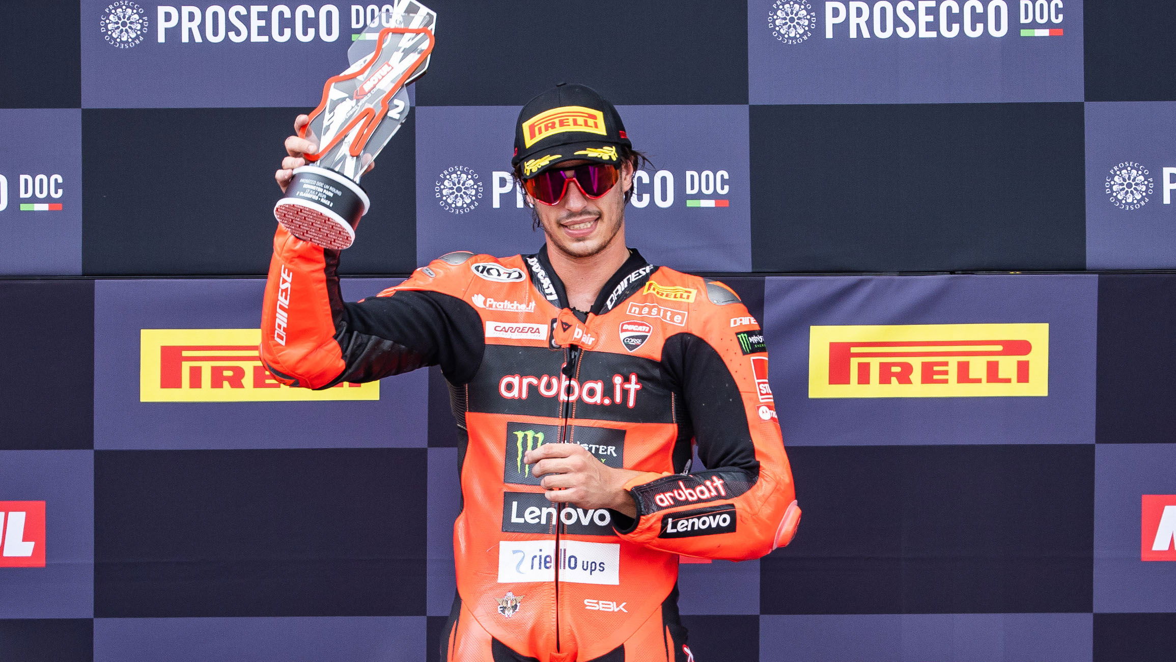 Nicolo Bulega, 2025 UK WorldSBK, podium. Credit: Gold and Goose.