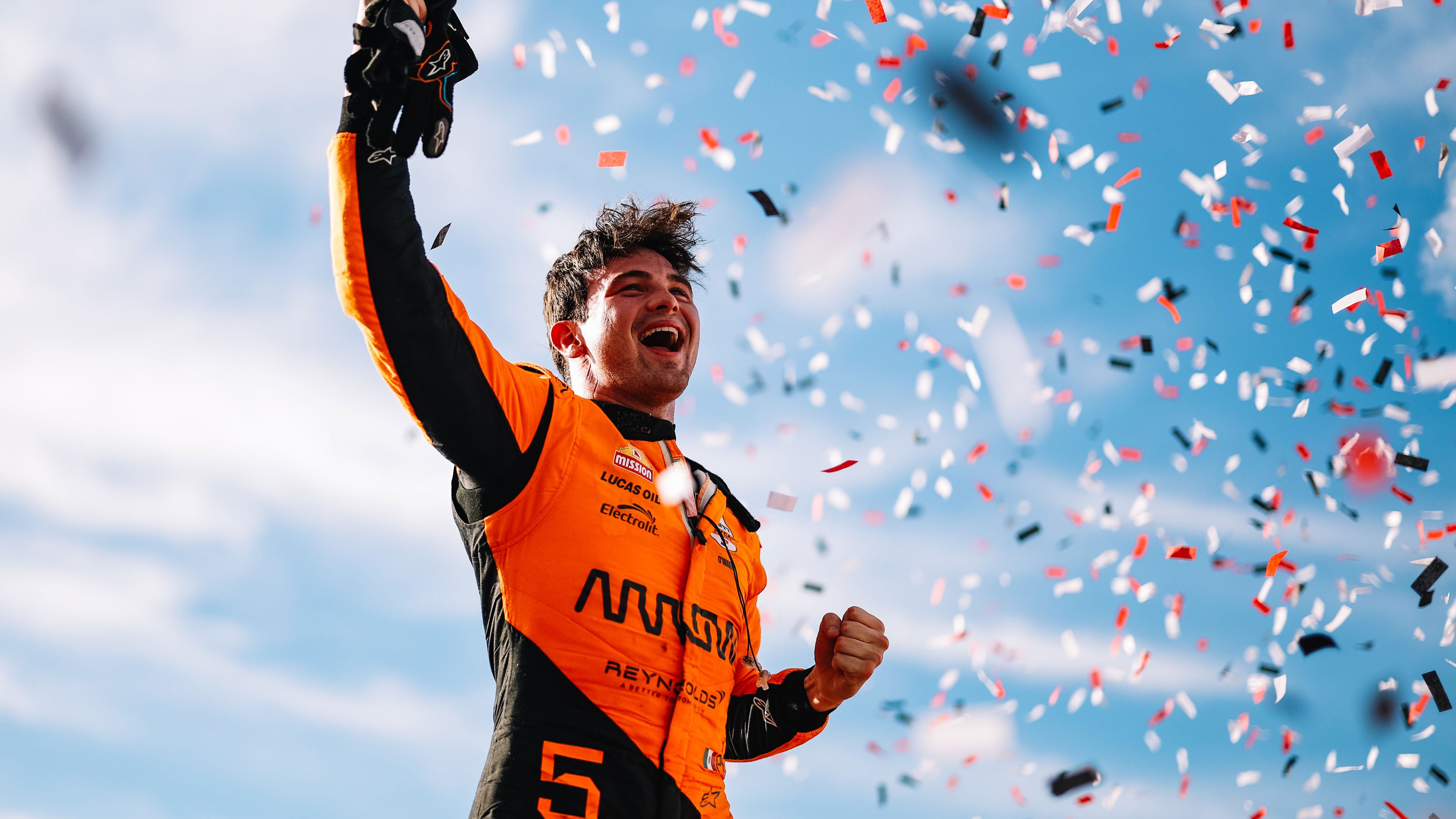 Pato O'Ward celebrating his win at Iowa.