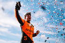 Pato O'Ward celebrating his win at Iowa.