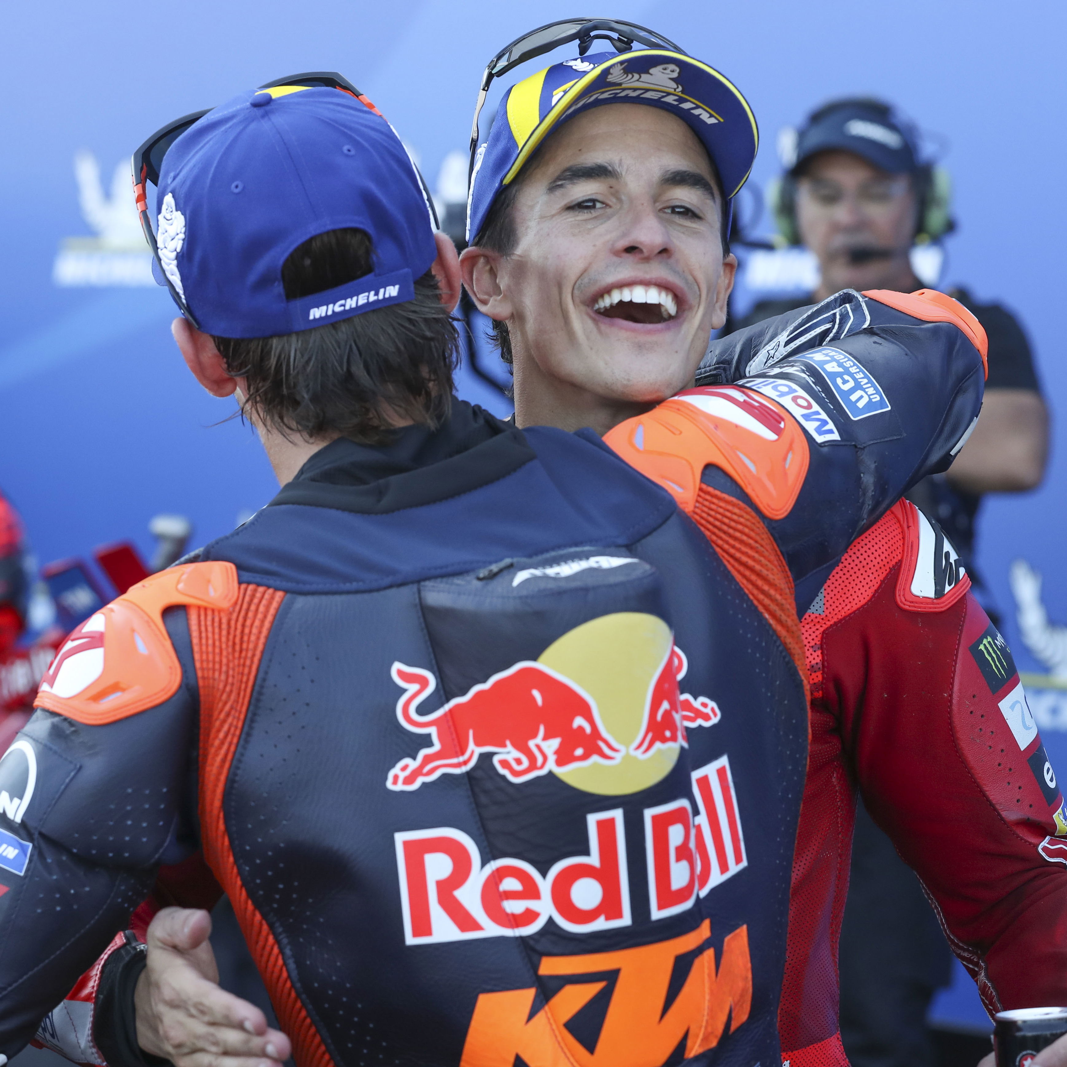 Pedro Acosta, Marc Marquez, 2025 MotoGP Hungarian Grand Prix, parc ferme. Credit: Gold and Goose.