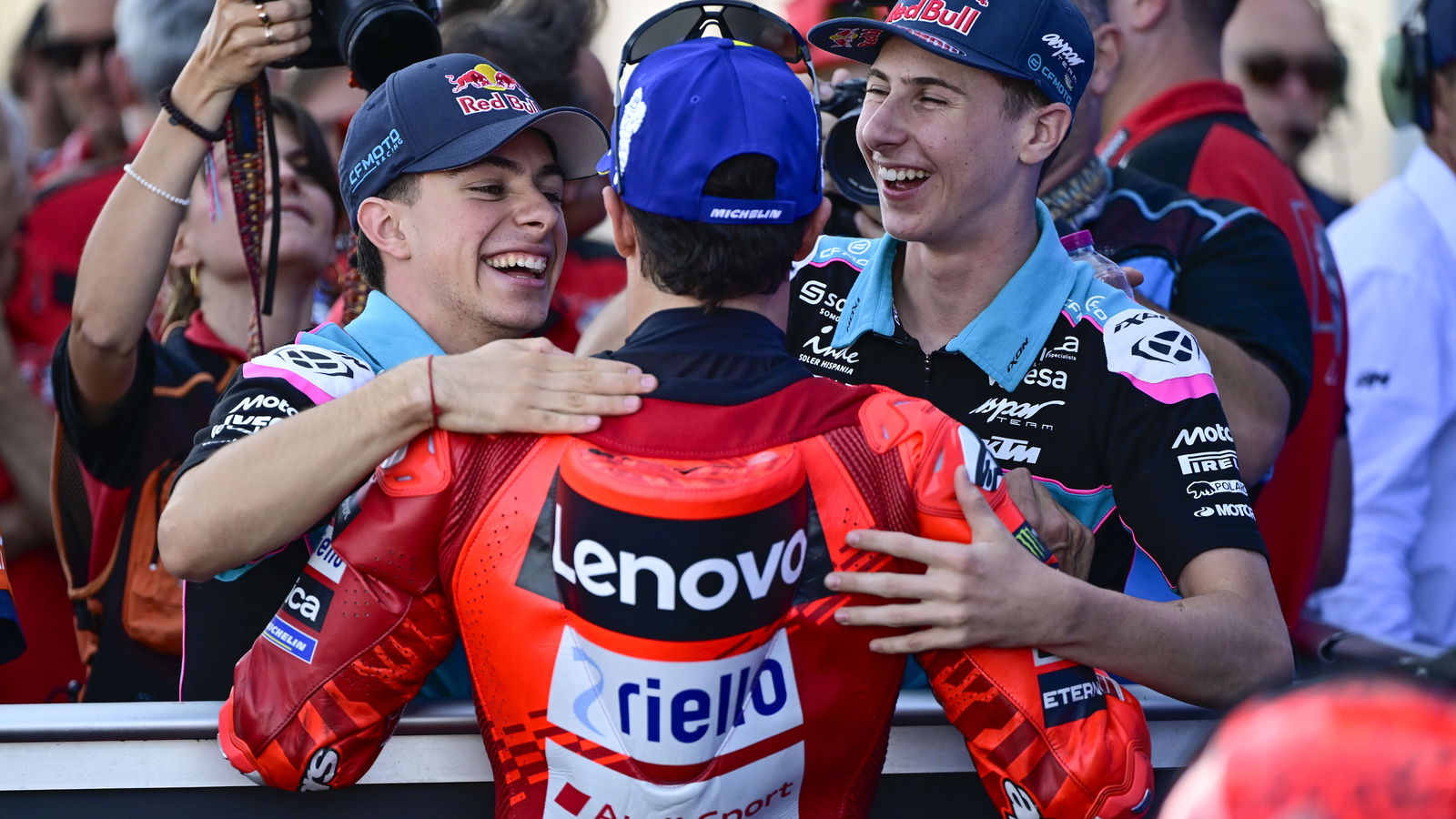 David Alonso, Marc Marquez, Maximo Quiles, 2025 MotoGP Hungarian Grand Prix, parc ferme. Credit: Gold and Goose.