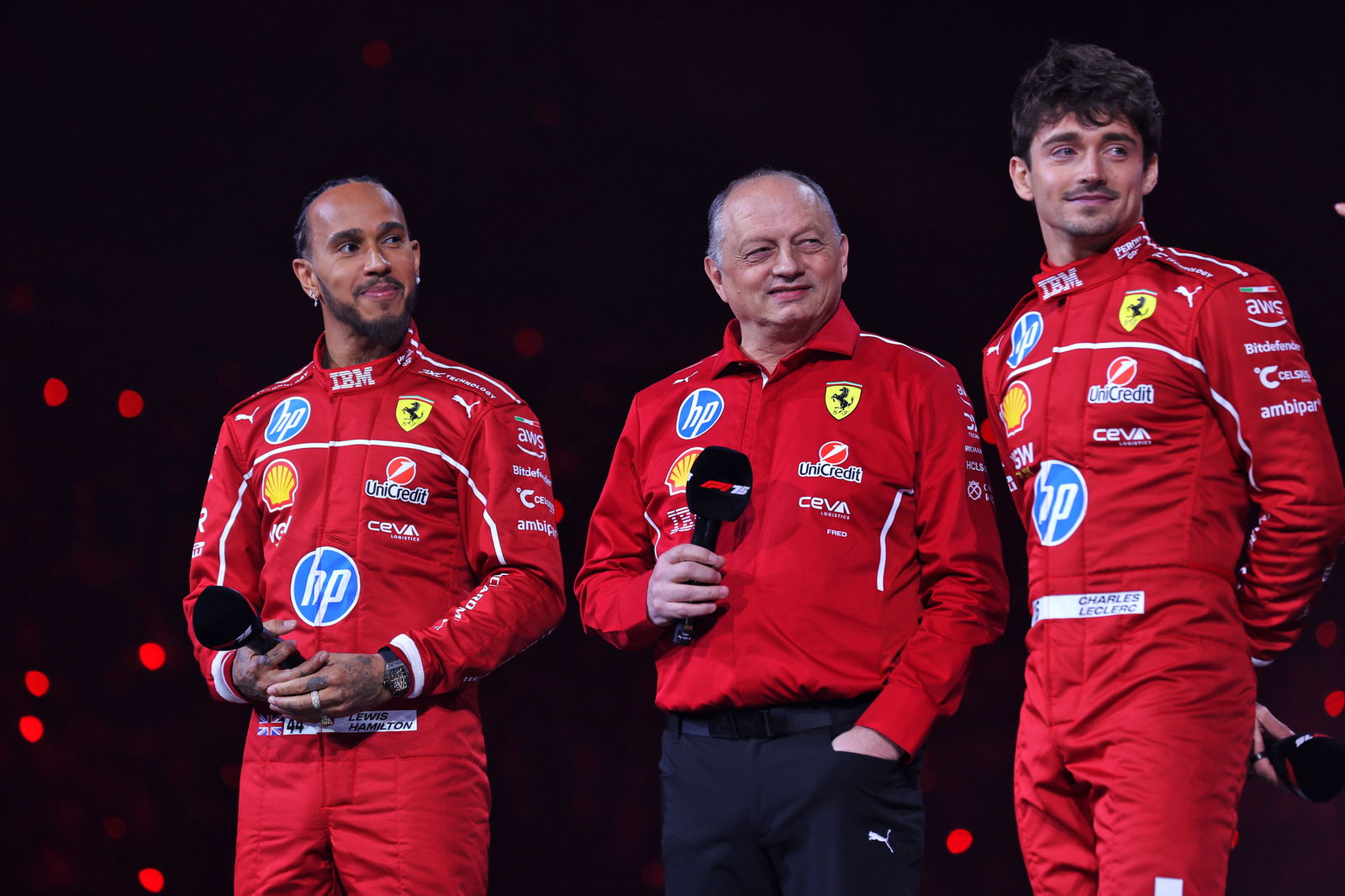 Lewis Hamilton, Fred Vasseur and Charles Leclerc
