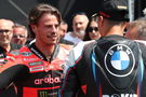 Nicolo Bulega, Toprak Razgatlioglu, 2025 Emilia-Romagna WorldSBK, parc ferme. Credit: Gold and Goose.