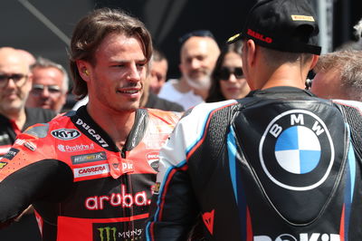 Nicolo Bulega, Toprak Razgatlioglu, 2025 Emilia-Romagna WorldSBK, parc ferme. Credit: Gold and Goose.