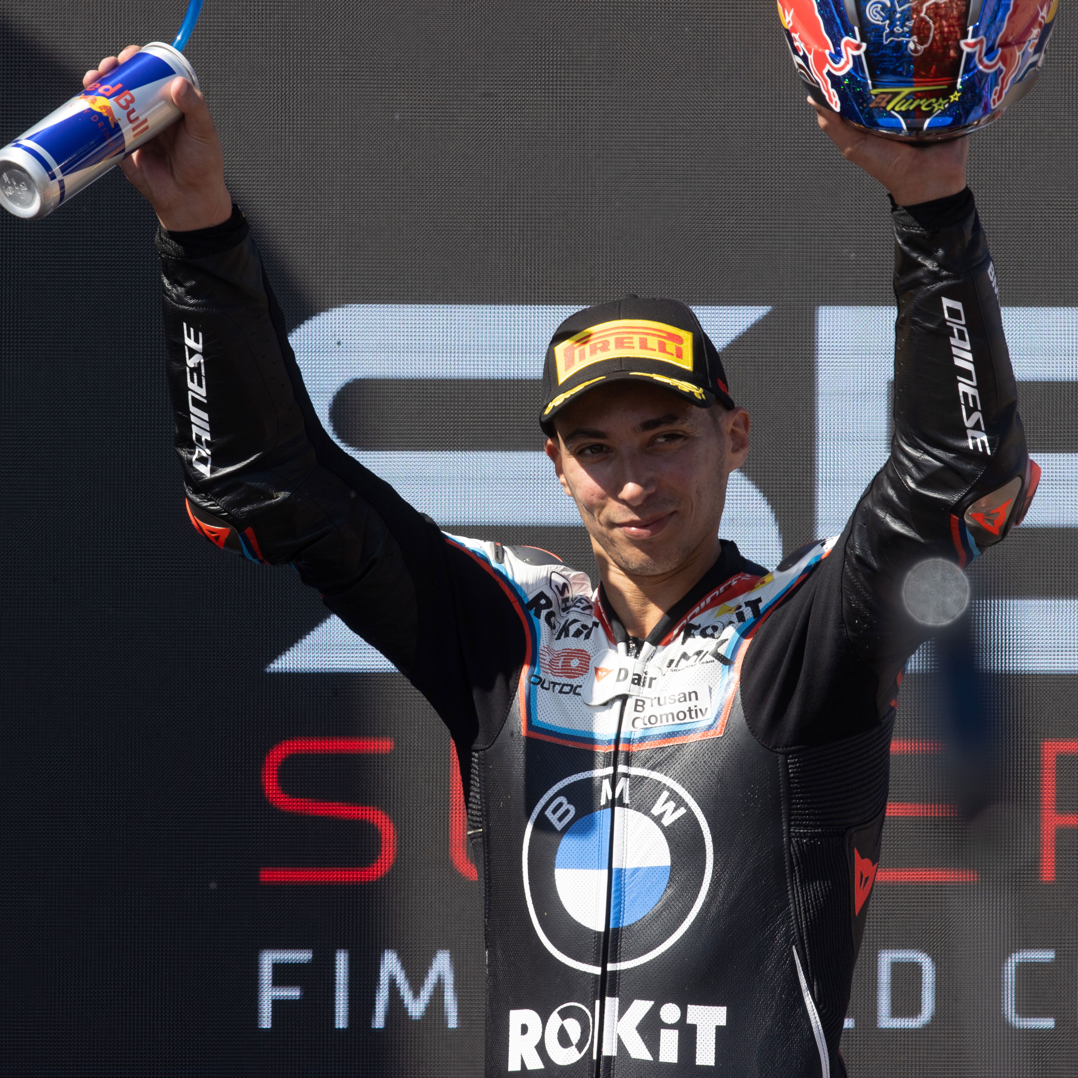 Toprak Razgatlioglu, 2025 Aragon WorldSBK, podium. Credit: Gold and Goose.