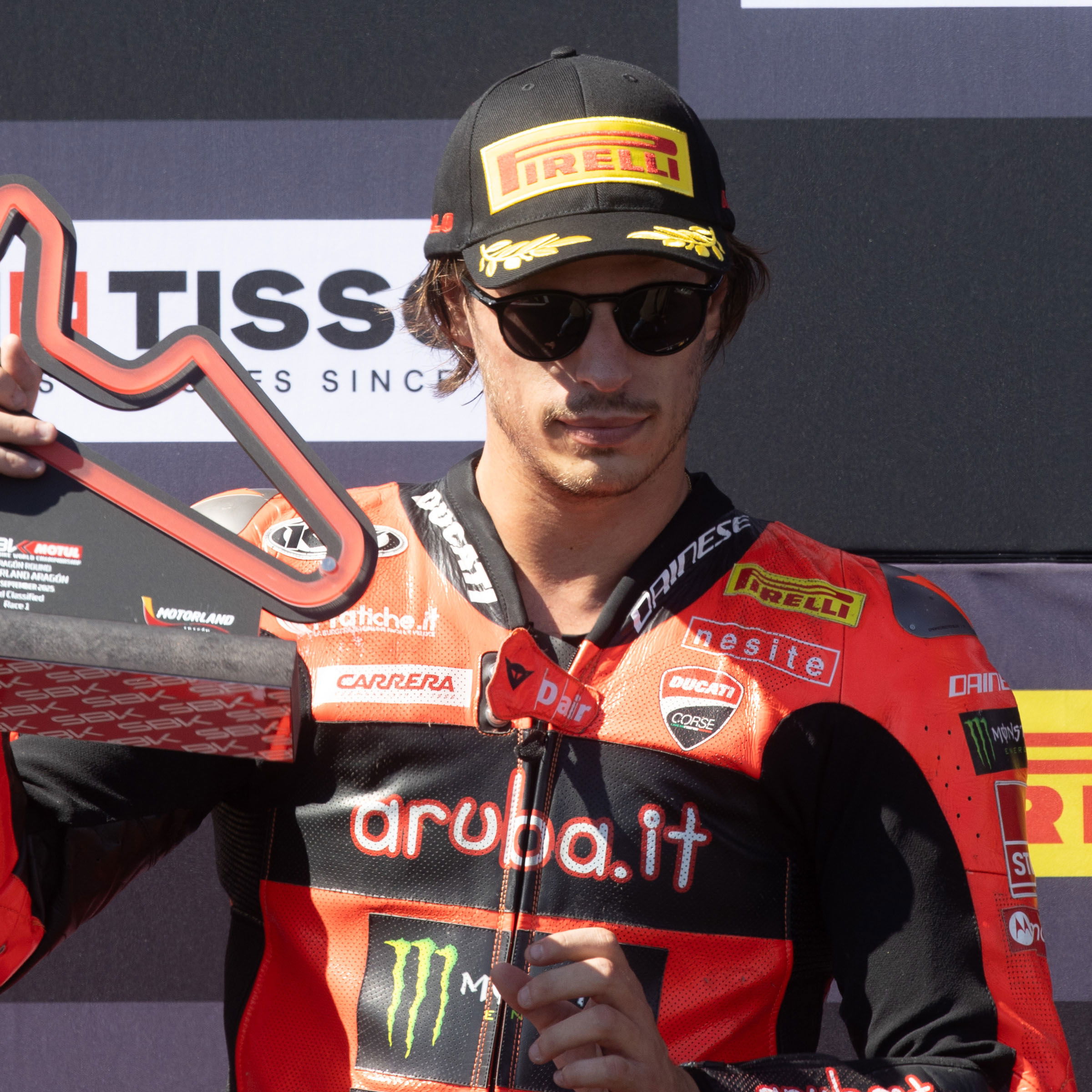 Nicolo Bulega, 2025 Aragon WorldSBK, podium. Credit: Gold and Goose.