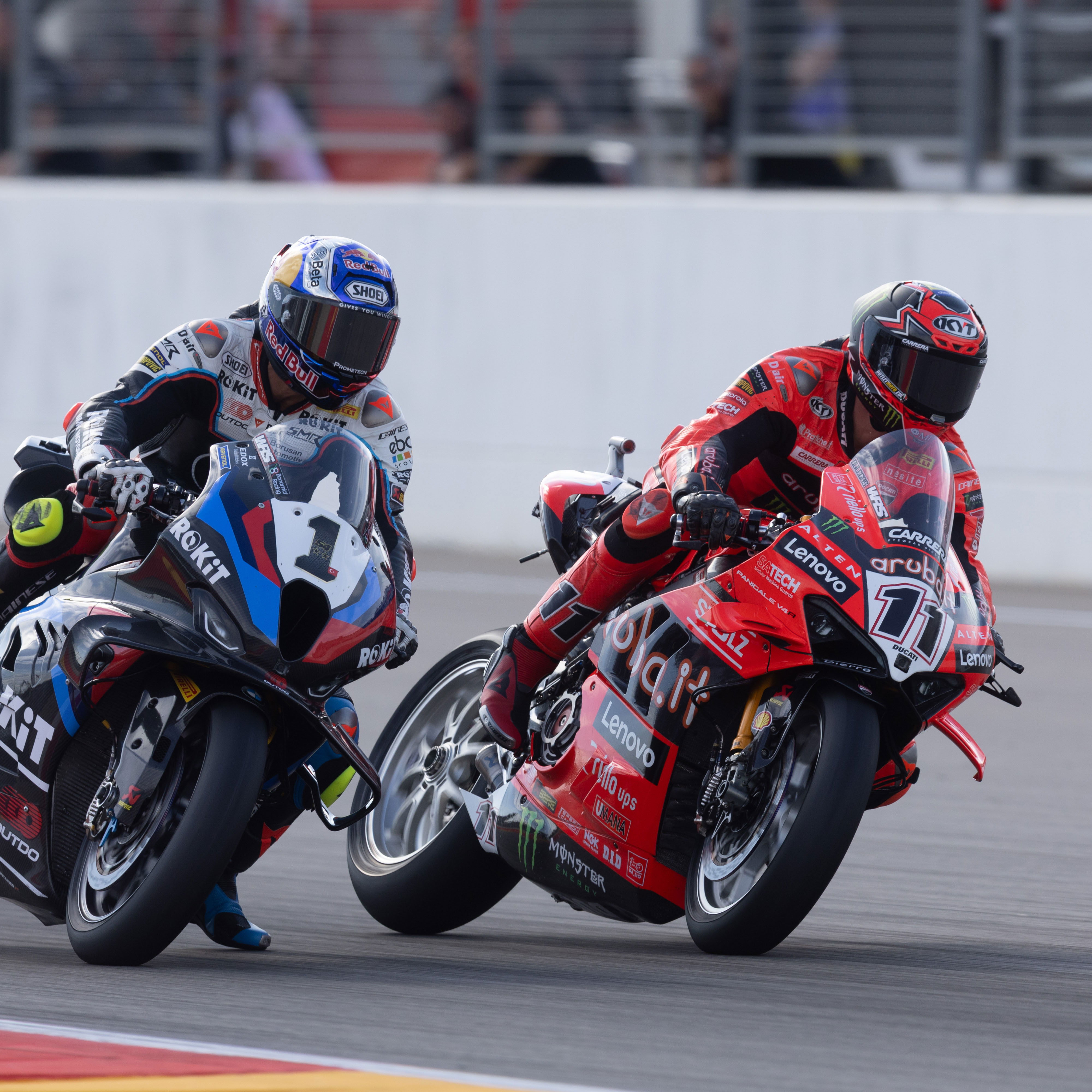 Toprak Razgatlioglu, Nicolo Bulega, 2025 Aragon WorldSBK. Credit: Gold and Goose.
