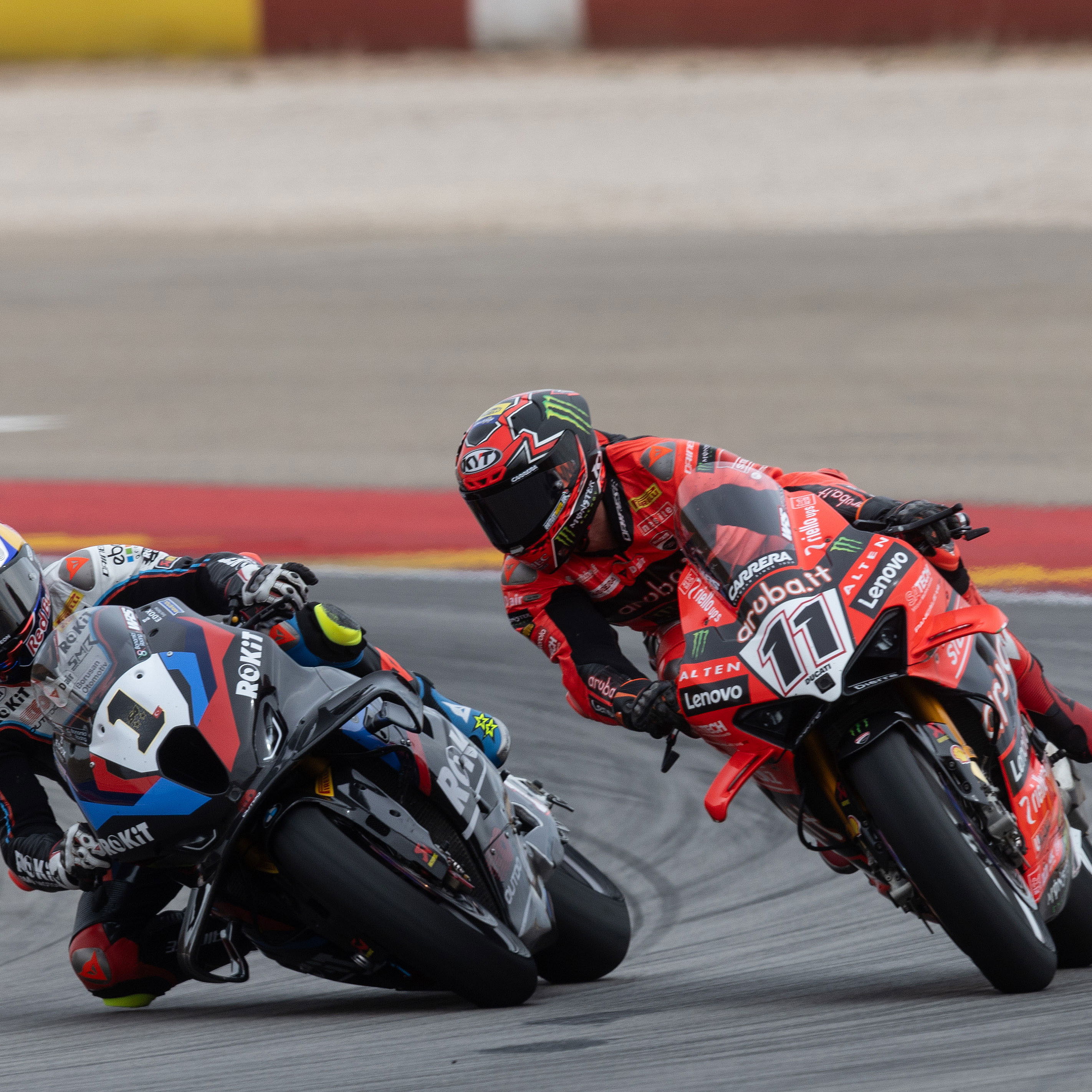 Toprak Razgatlioglu, Nicolo Bulega, 2025 Aragon WorldSBK. Credit: Gold and Goose.
