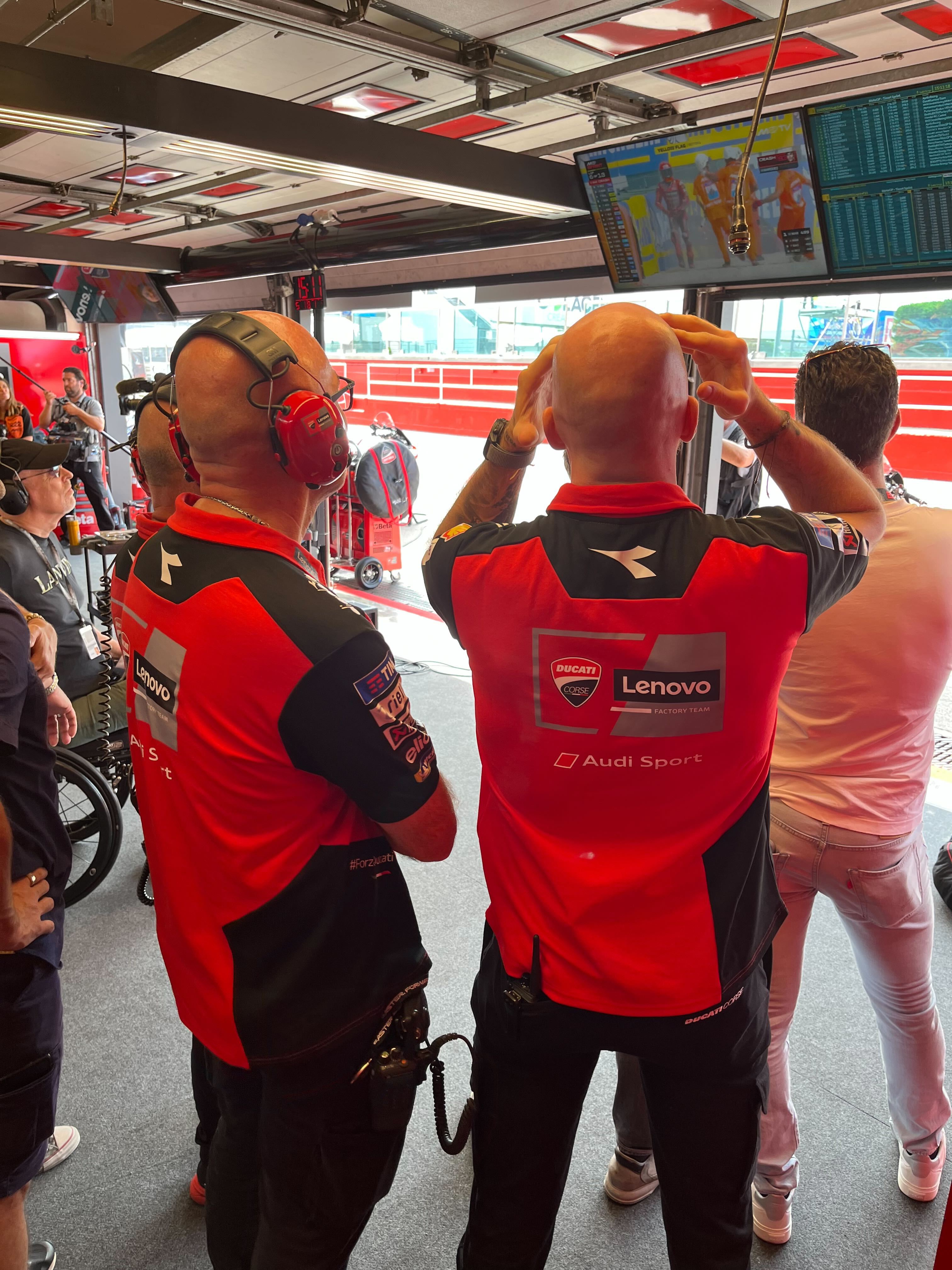 Factory Ducati box as Marc Marquez crashes from San Marino Sprint. Credit: Lewis Duncan.