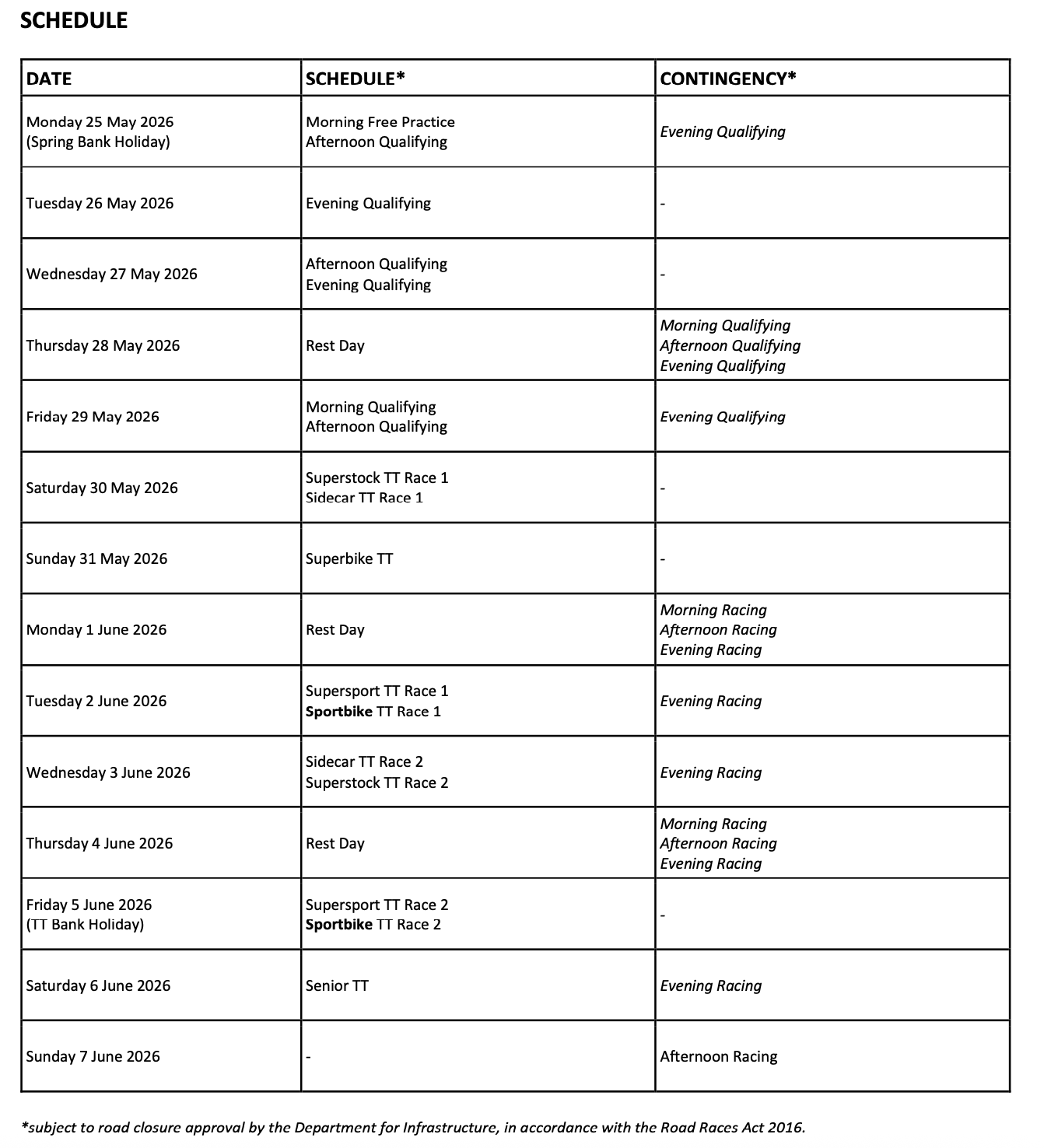 TT 2026 schedule