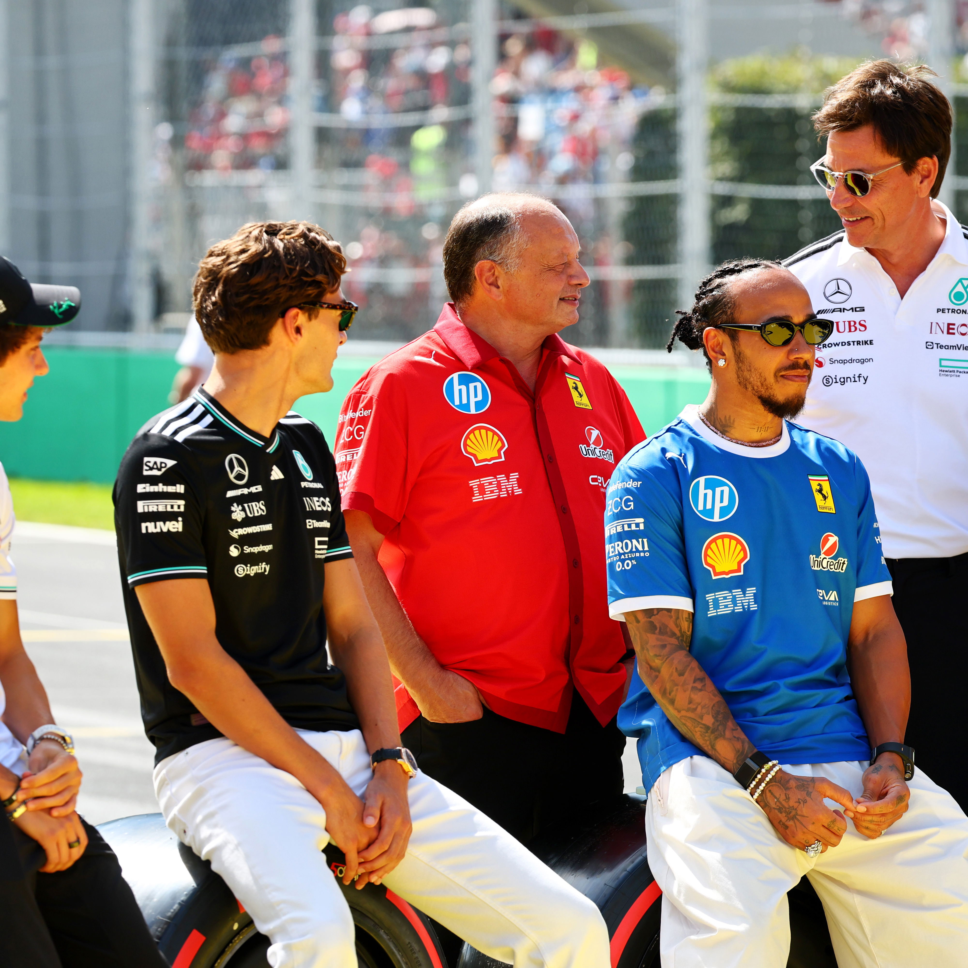 Kimi Antonelli, George Russell, Lewis Hamilton and Charles Leclerc