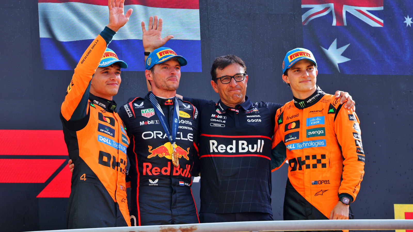 Max Verstappen and Pierre Wache on the podium at Monza