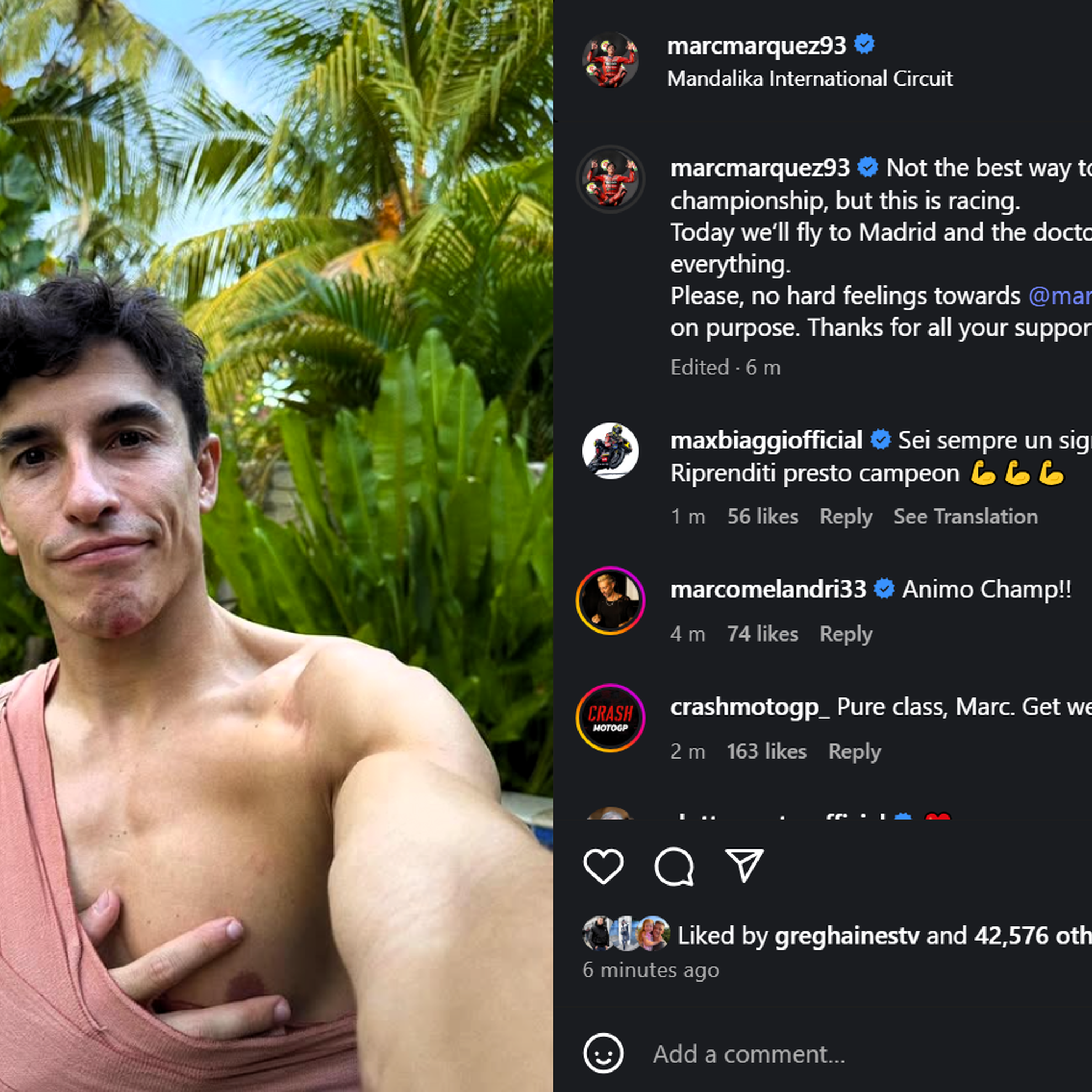 Marc Marquez's Instagram post after Indonesian MotoGP injury