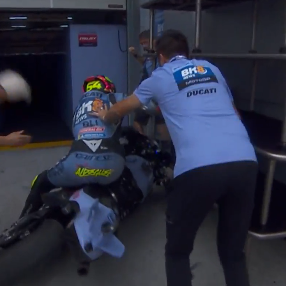 Fermin Aldeguer crashes at the back of the Gresini pits, 2025 MotoGP Malaysian Grand Prix. Credit: MotoGP.com.