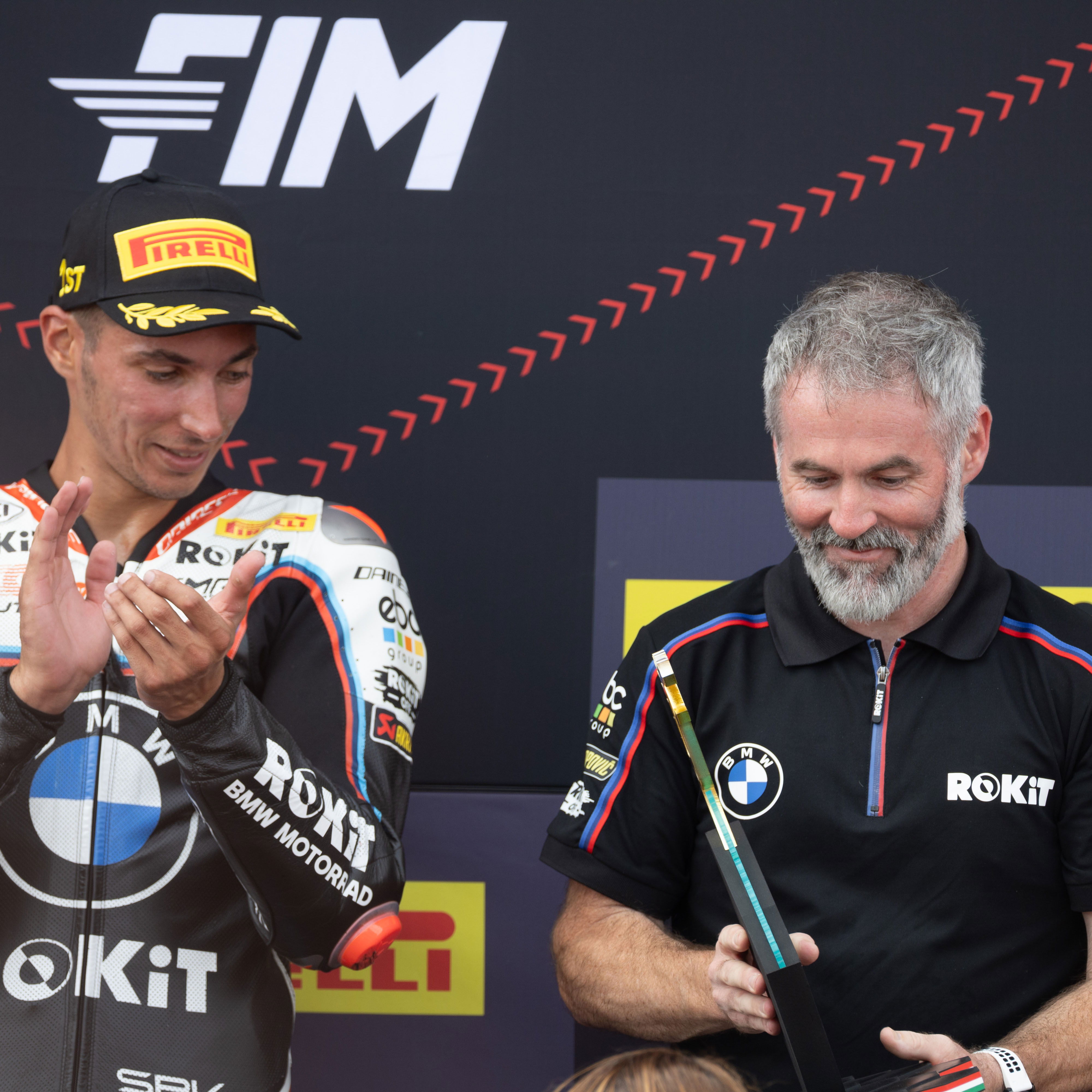Toprak Razgatlioglu, Phil Marron, 2025 Hungarian WorldSBK, podium. Credit: Gold and Goose.